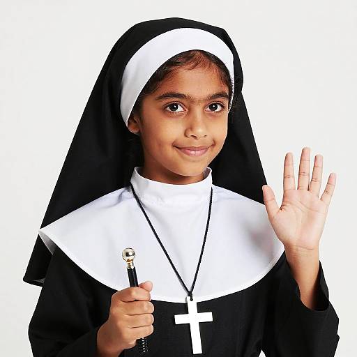 Photograph of a young brown-skinned girl with dark hair, wearing a black and white nun's habit, smiling, waving, holding a cross.