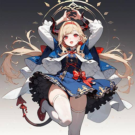 Anime Girl with Horns and Capelet in Blue Dress