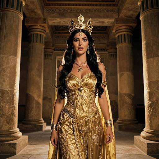 Regal woman in golden dress and crown walks through ancient stone-columned hall, illuminated by dramatic lighting, in a CGI fantasy style.