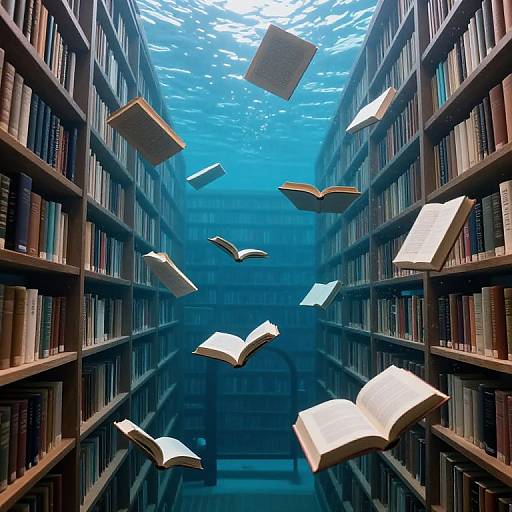 Photograph of a narrow, dimly-lit library aisle with tall bookshelves on both sides, filled with floating open books in mid-air against
