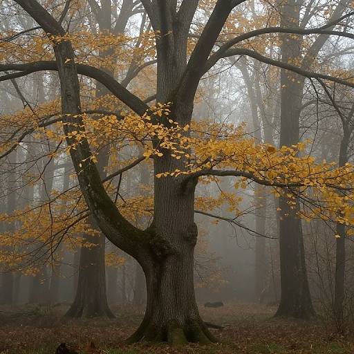 Photograph of a large, dark tree with yellow autumn leaves in a misty forest, surrounded by tall, foggy trees.