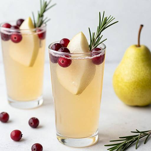 Photograph of two clear glasses with light yellow cocktails, garnished with cranberries, lemon slices, and rosemary, beside a yellow pear.