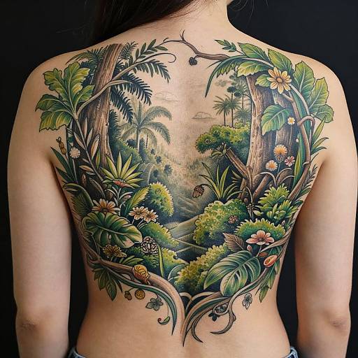 Photograph of a detailed, colorful tattoo on a person's back, featuring a lush jungle scene with palm trees, flowers, and foliage.