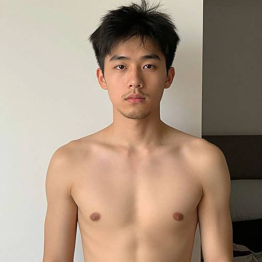 Photograph of a young Asian man with short black hair, bare chest, and light skin, standing against a plain white and gray wall.