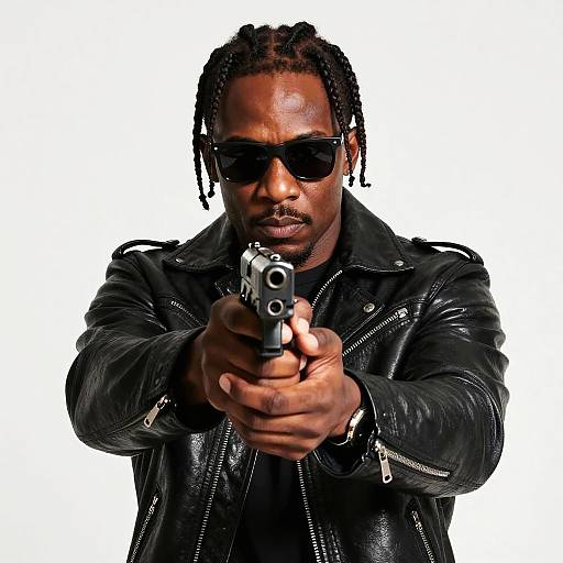 Serious Man With Gun in Leather Jacket