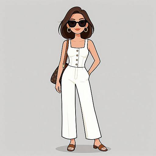 Digital illustration of a stylish woman with short black hair, wearing black sunglasses, white sleeveless jumpsuit, brown sandals, and large hoop earrings. She