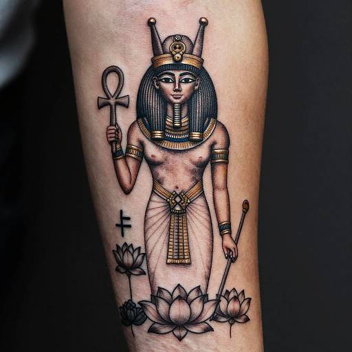 Tattoo of ancient Egyptian goddess with black hair, gold headdress, nude, holding ankh and staff, surrounded by lotus flowers.
