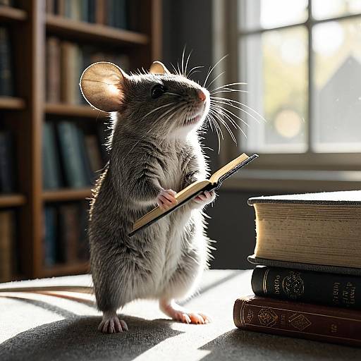Mouse Reading Vintage Book in Cozy Library