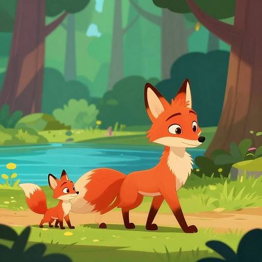 Digital cartoon of a red fox and its cub walking by a forest stream, both with bright orange fur and white underbellies.