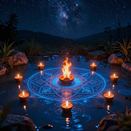 Photograph of a nighttime ritual: blue glowing magic circle with central fire, surrounded by six candles, in a starry, rocky pond setting.