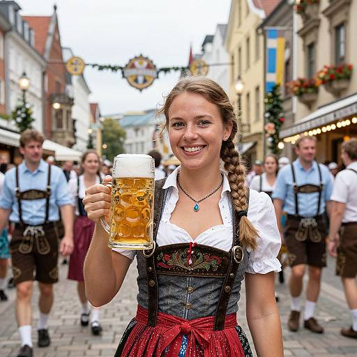 Photograph of a smiling young woman in traditional Bavarian dress holding a frothy beer mug, standing in a bustling, cobblestone street with festive
