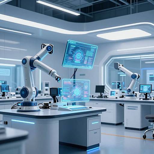 Photograph of a modern, high-tech laboratory with three robotic arms, each equipped with blue-lit screens displaying digital interfaces. Bright fluorescent lights illuminate the