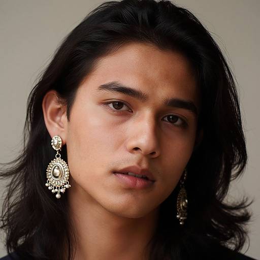 Photograph of a young South Asian man with long black hair, wearing ornate gold earrings, looking directly at the camera against a plain gray background.