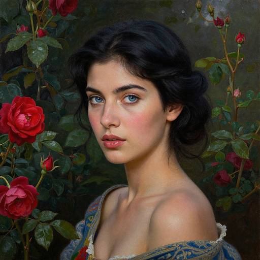 Digital painting of a beautiful young woman with blue eyes, dark wavy hair, fair skin, and red rose flowers in the background. She gazes
