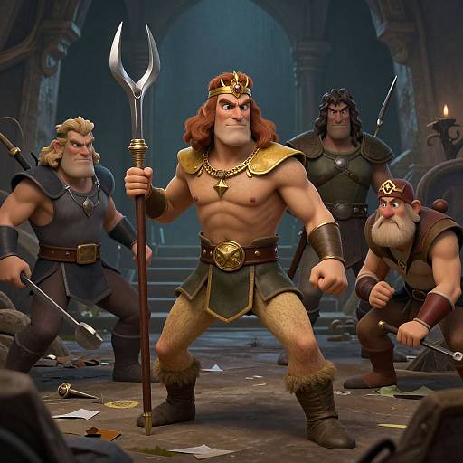 Digital illustration of a muscular, crowned warrior with a trident, flanked by three armored, fierce companions in a dark, ancient stone hall.