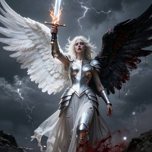 Digital artwork of a fierce angelic warrior with white wings and black wings, holding a flaming sword against a stormy sky.