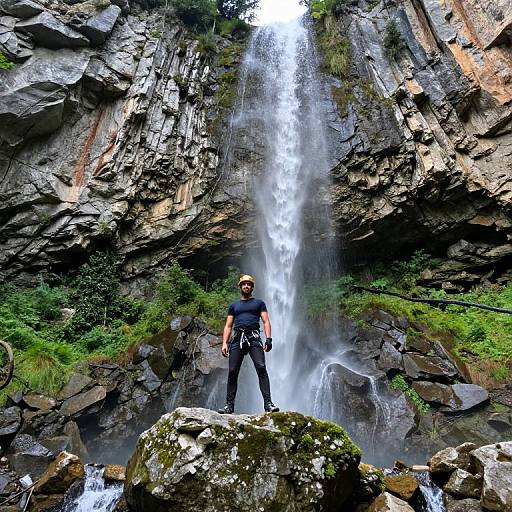Photograph of a hiker in black gear standing on a mossy rock in front of a tall, powerful waterfall cascading down rugged, gray cliffs