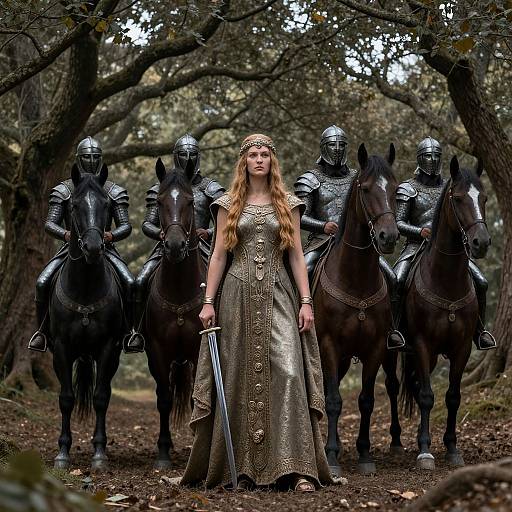 Photograph of a long-haired woman in a golden, ornate dress and headpiece, standing between four armored knights on black horses, in a dense