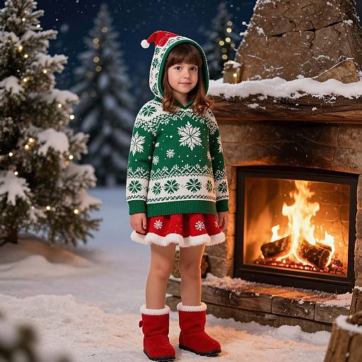 Photograph of a smiling young girl in a green snowflake hoodie, red skirt, Santa hat, and red boots, standing by a lit fireplace in