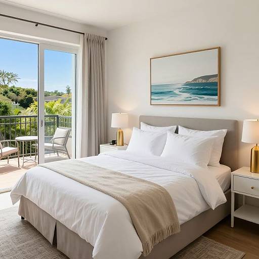 Cozy Coastal Bedroom with Balcony View