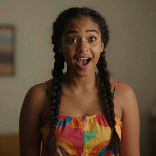 Photograph of a young Black woman with braided hair, wearing a colorful, patterned dress, surprised expression, tongue out, in a dimly