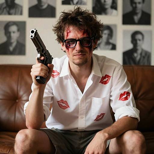 Grim Man with Gun on Leather Couch