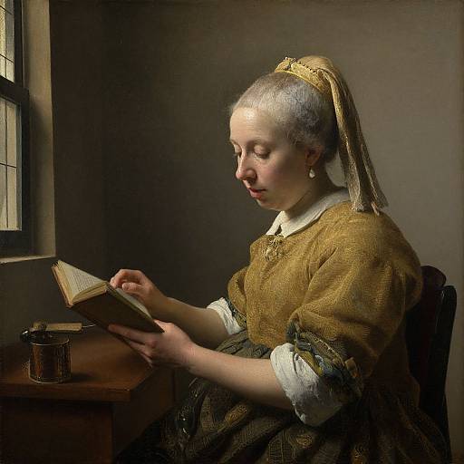 Baroque-style photograph of a pale-skinned woman with gray hair, wearing a brown dress and white cuffs, reading by dim light.