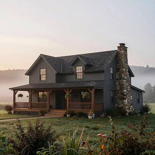 Photograph of a rustic, dark gray, two-story house with a stone chimney, wooden porch, and potted plants, set in a misty