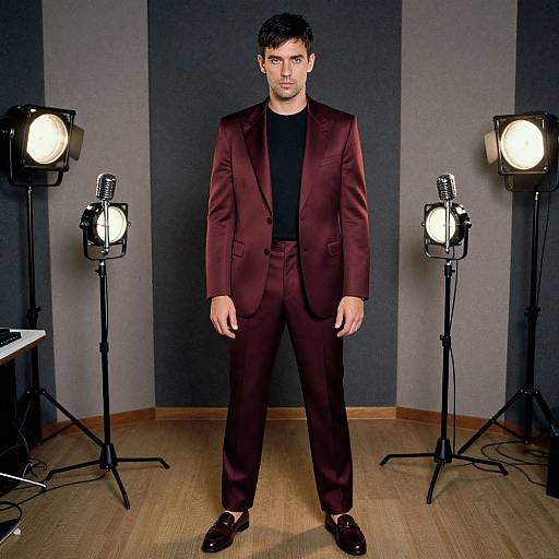 Confident Man in Burgundy Satin Suit