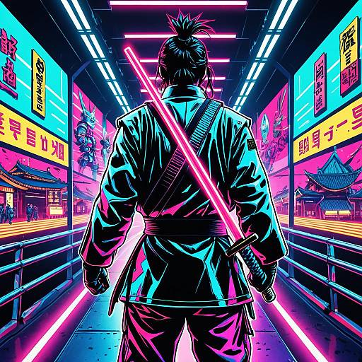 Neon Samurai in Retrofuturistic Neo-Seoul