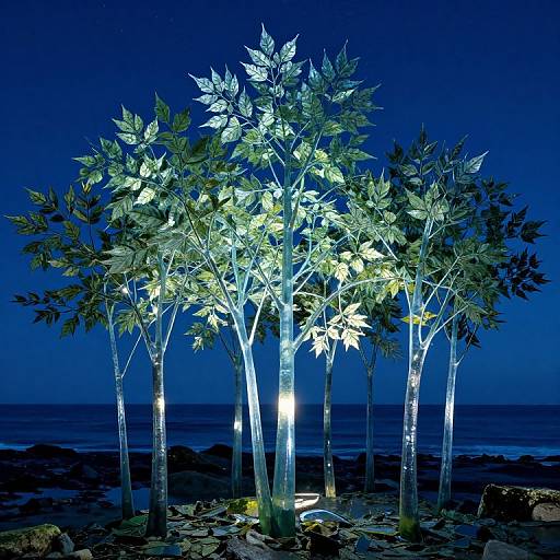 Photograph of four illuminated trees with glowing white lights against a deep blue night sky, standing on a rocky shoreline.