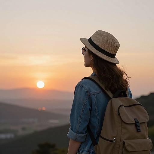 Photograph of a woman with wavy brown hair, wearing a straw hat, sunglasses, denim shirt, and beige backpack, gazing at a serene