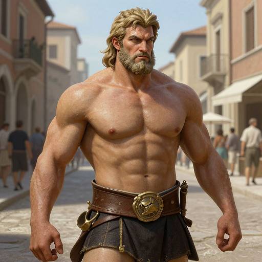 CGI image of a muscular, bearded man with blond hair, shirtless, wearing a leather belt with a medallion, and dark shorts