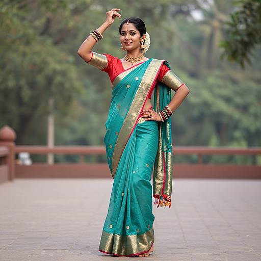 Photograph of a confident Indian woman in a turquoise-green sari with gold border, red blouse, gold bangles, and white flowers in her hair