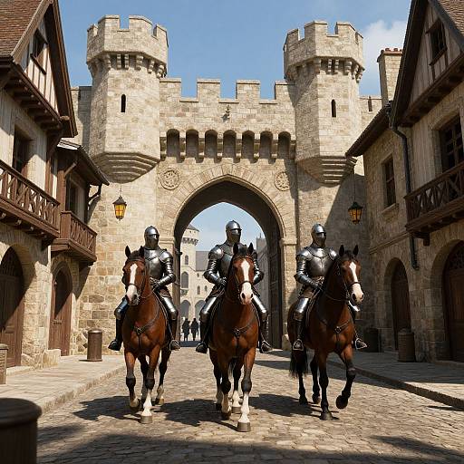 Photorealistic CGI: Three armored knights on brown horses riding through a sunlit, medieval stone courtyard with a large, castle-style archway.