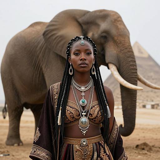 Photograph of a Black African woman with intricate braids, traditional gold and turquoise jewelry, and ornate black and gold attire, standing in front of