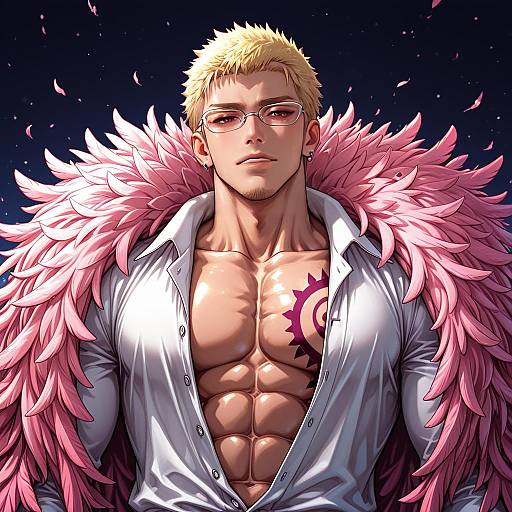 Illustration of Donquixote doflamingo, one piece in the style of Fish.boy