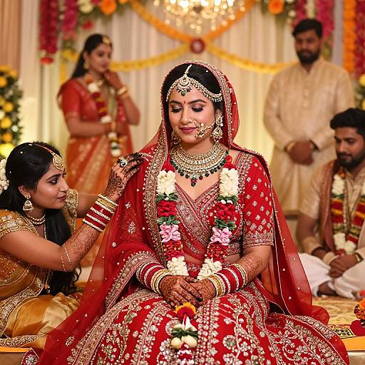 Photograph of a traditional Indian wedding ceremony; bride in red and gold lehenga, adorned with jewelry, flowers, and a veil, seated with a