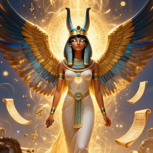 Digital art of a radiant, dark-skinned, winged Egyptian goddess with blue eyes, wearing a white dress, blue-striped headdress, and golden