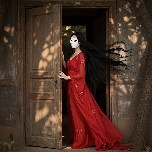 Mysterious woman with long black hair, white mask, red dress, stands in wooden door, dappled sunlight, eerie, ethereal, photograph