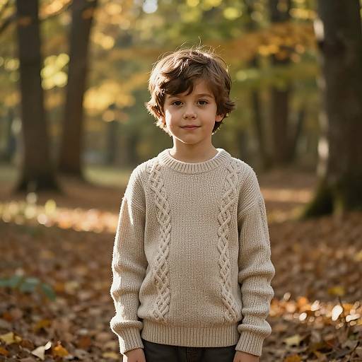 Photograph of a young boy with curly brown hair, wearing a cream cable-knit sweater, standing in a sunlit autumn forest with fallen leaves.