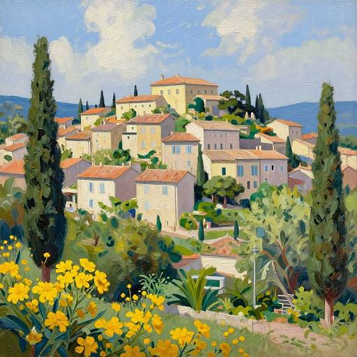 Digital painting of a picturesque Mediterranean village with yellow flowers in the foreground, red-roofed beige houses, tall cypress trees, and a bright blue