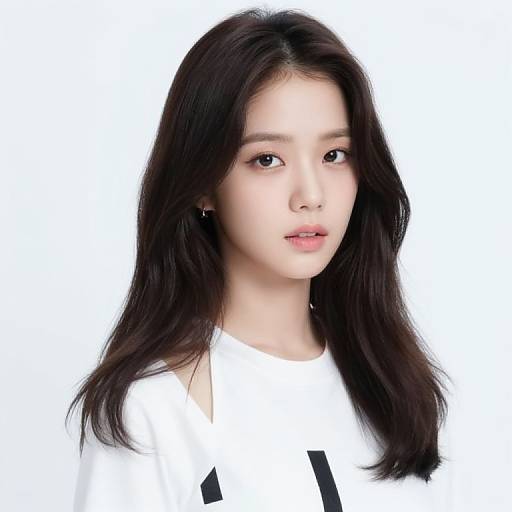 Photograph of an East Asian woman with long, straight black hair, fair skin, wearing a white shirt, against a plain white background.