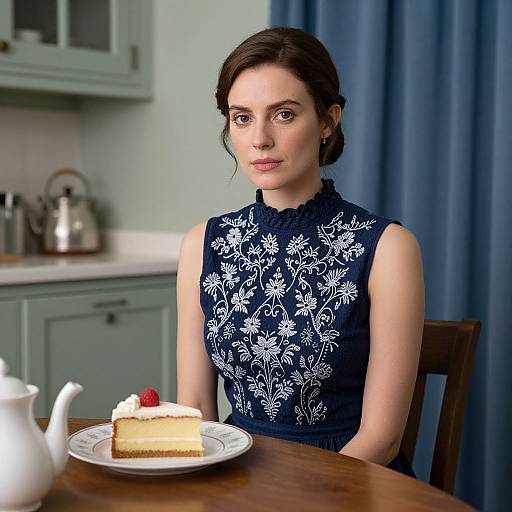 Photorealistic image of a fair-skinned woman with dark brown hair, wearing a navy floral sleeveless top, sitting at a wooden table with a