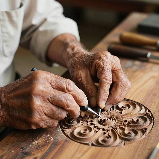 Elderly Hands Carving Floral Wood