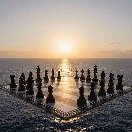 Silhouetted chessboard on ocean at sunset, with chess pieces in dark outline, sun reflecting on water, serene and dramatic.