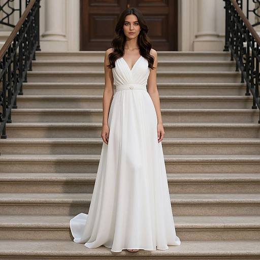 Photograph of a young woman with long, wavy dark hair, wearing a sleeveless, V-neck, white satin gown, standing on stone steps
