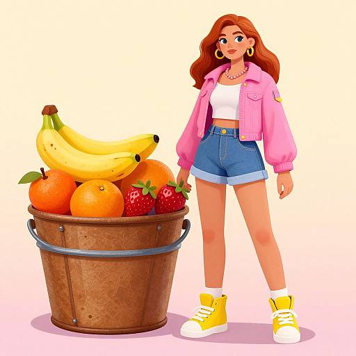 Digital illustration of a red-haired woman in a pink jacket, white top, blue shorts, yellow sneakers, standing beside a metal bucket filled with bananas,