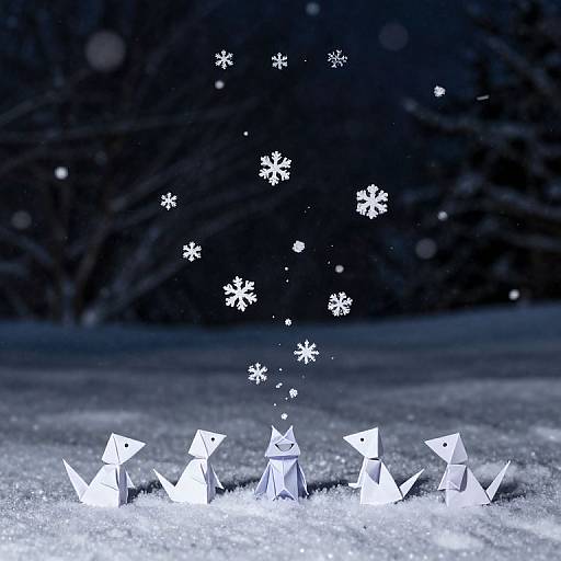 Photograph of six white paper foxes on snowy ground, with falling snowflakes against a dark, blurred forest background at night.