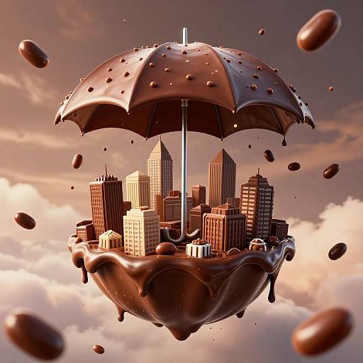 Digital art: chocolate umbrella floats above a cityscape, surrounded by melting chocolate droplets, set against a cloudy sky backdrop.